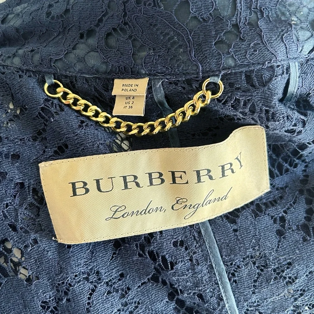Burberry London Gracehill Navy Blue Lace Trench Coat Size 2 - Picture 11 of 14